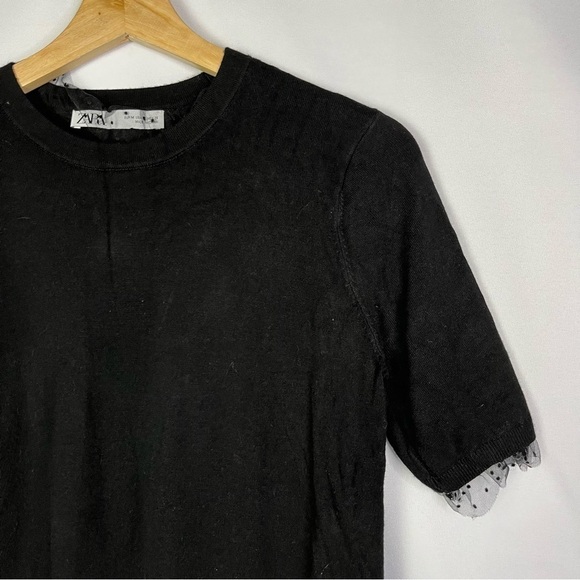 Zara Black Short Sleeve Crewneck Polka Dot Mesh Trim Sweater M - Picture 3 of 3